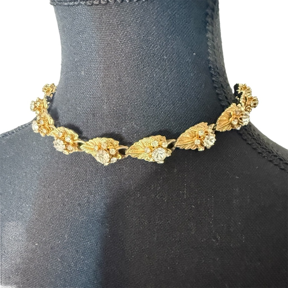 Gold Toned Leaf Rhinestone Chocker Necklace MCM Layered